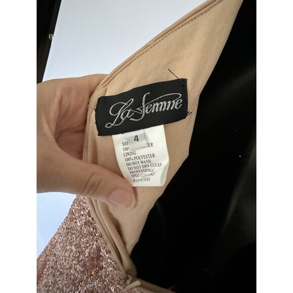 La Femme NWT Rose Blush Gold Sequin Floor Length Gown Tie Back Size 4 $398 - Picture 8 of 10